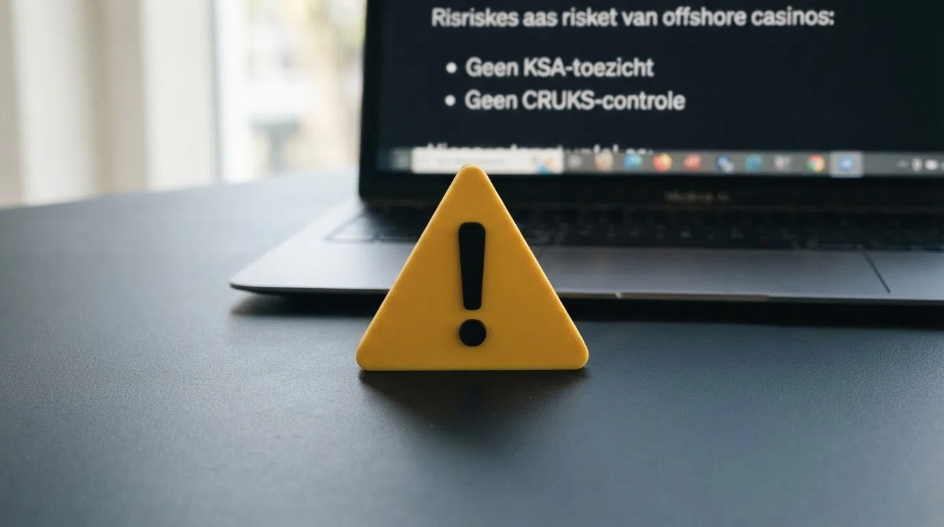 Waarschuwingsicoon bij een lijst van risico's van spelen bij buitenlandse casino's zonder Nederlandse vergunning