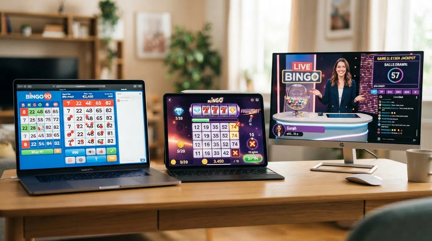 Drie spelvensters naast elkaar: een klassieke Bingo 90-kaart, een Slingo-speelveld met slotrollen onder de bingokaart, en een live bingo-tafel met een presentator in beeld