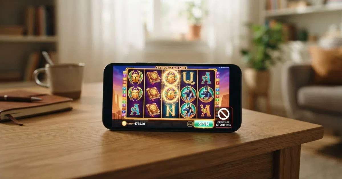 Een Nederlands online casino-scherm met een slotspel dat gratis spins toont, met een rood verbodsbord over het woord 'zonder storting'
