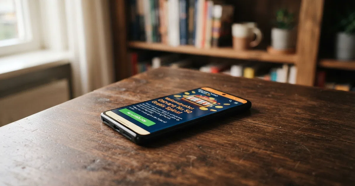 Een smartphone met daarop de bonuspagina van een Nederlands online casino en een uitgelichte gratis spins-promotie
