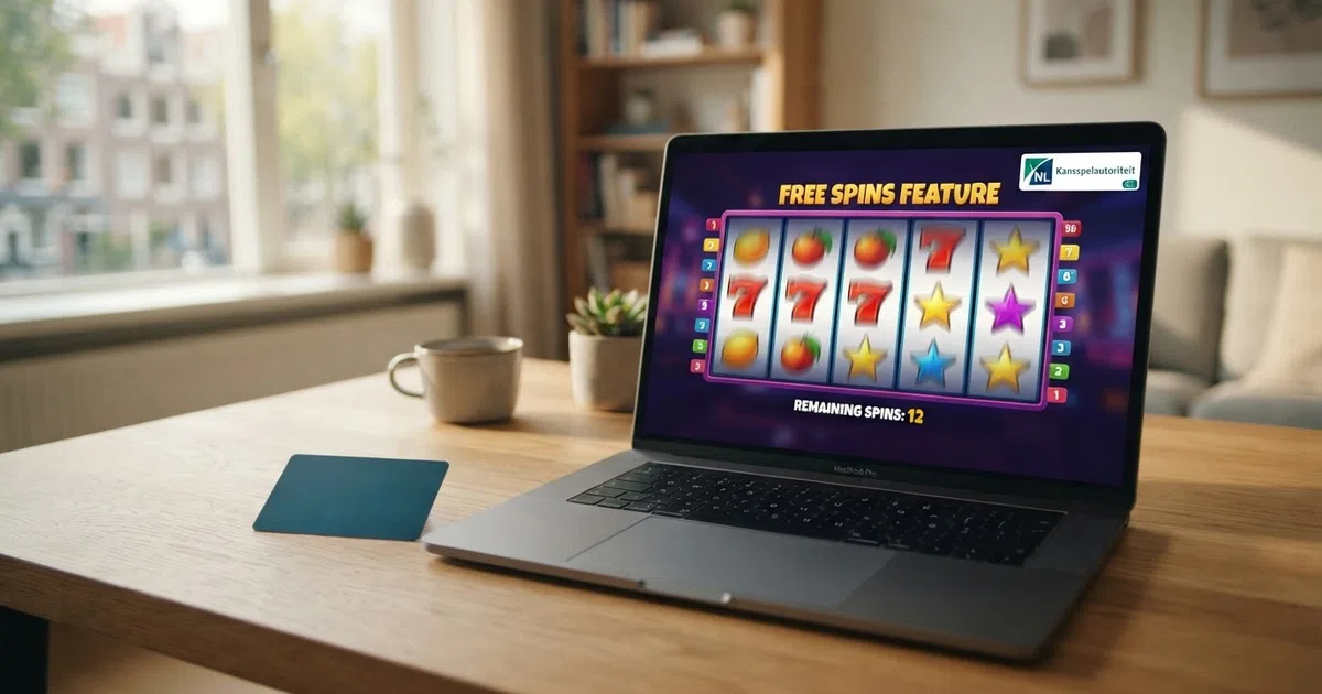 Een Nederlands online casino-interface op een laptopscherm met daarop een free-spins-bonusmelding en het KSA-keurmerk zichtbaar