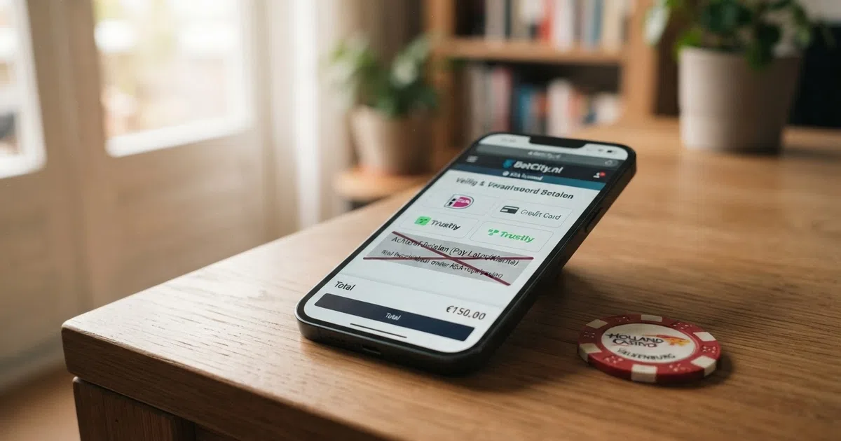 Een smartphone met daarop een Nederlands online casino-betaalscherm waar de optie “achteraf betalen” grijs en doorgestreept is weergegeven