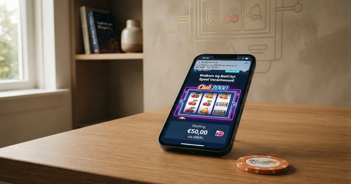 Een smartphone met een casino-interface en een sms-bericht-icoon op het scherm, met op de achtergrond het symbool van een slotje