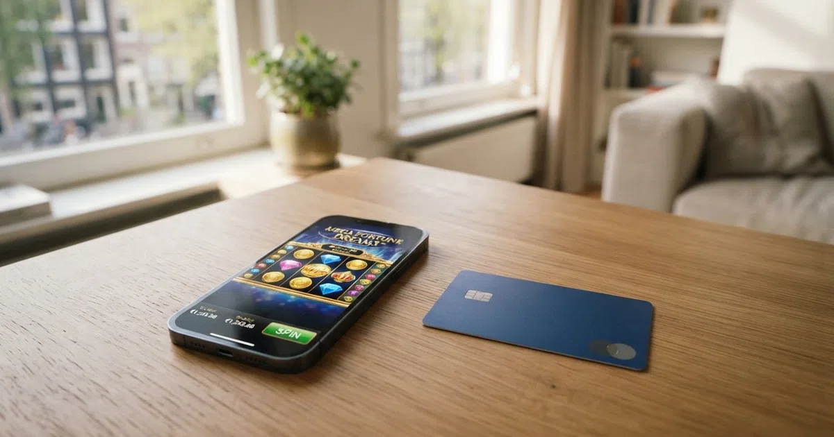 Een smartphone met een casino-app en een Nederlandse bankpas ernaast, die de twee onverenigbare betaalwerelden laat zien