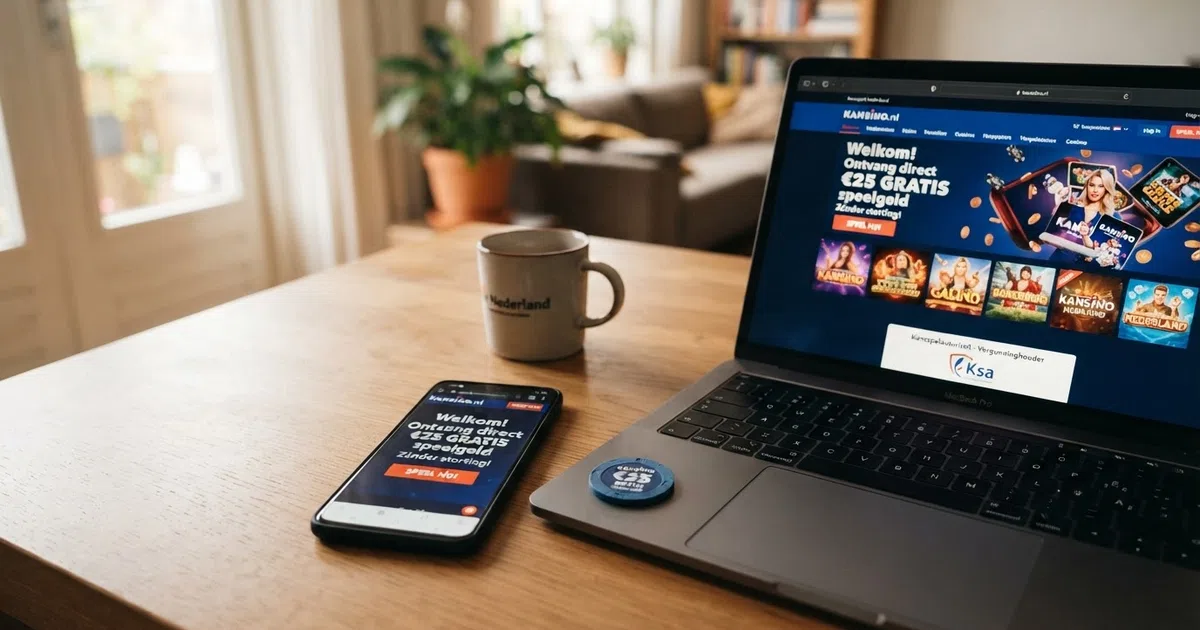 Een smartphone en laptop met daarop de homepage van een legaal Nederlands online casino en een uitgelichte banner voor een bonus zonder storting.