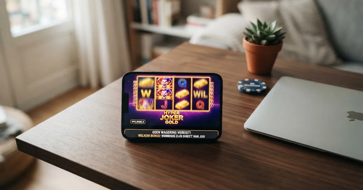 Een Nederlands online casino platform dat een bonus zonder wagering requirements toont, met de tekst 'direct uitbetalen' en 'geen inzetvereisten'