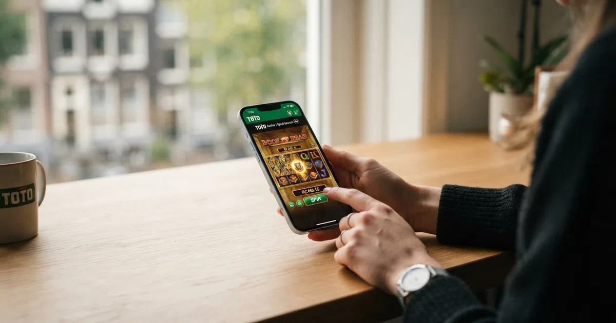 Een Nederlandse speler die op een smartphone een online casino-account opent met een uitgelichte “gratis speelgeld”-badge op het scherm