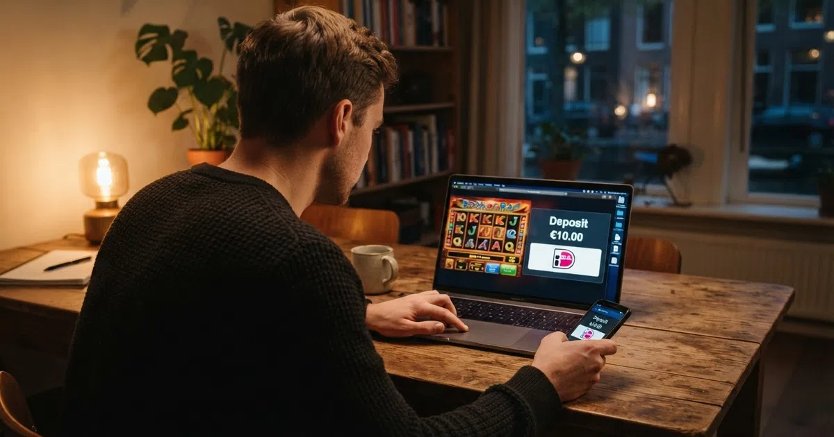 Een Nederlandse man opent op zijn laptop een online casino; naast het spelscherm is het iDEAL-betaalvenster zichtbaar met het bedrag van €10