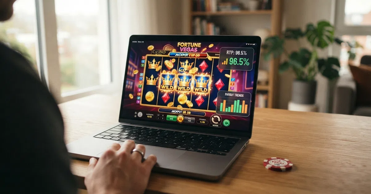 Een online casinospeler bekijkt op een laptop de RTP-informatie van een gokkast, met op de achtergrond een grafiek die het uitbetalingspercentage visualiseert.