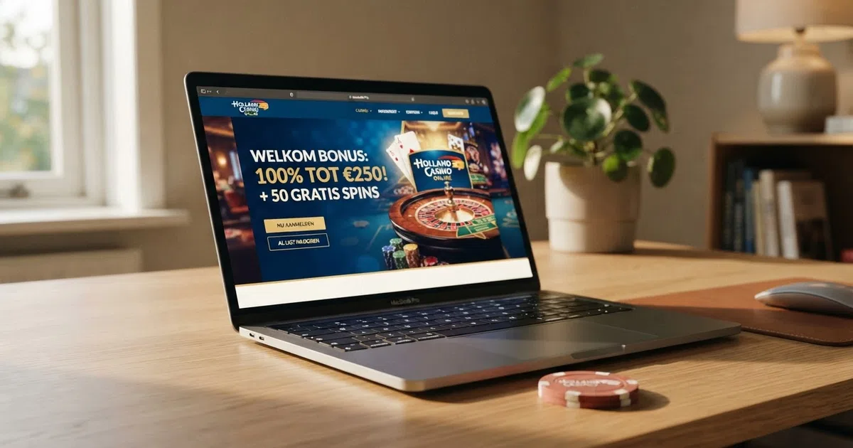 Een desktopscherm met een Nederlands online casino welkomstpagina waarop een 100% stortingsbonus tot €250 wordt gepresenteerd naast de bonusvoorwaarden