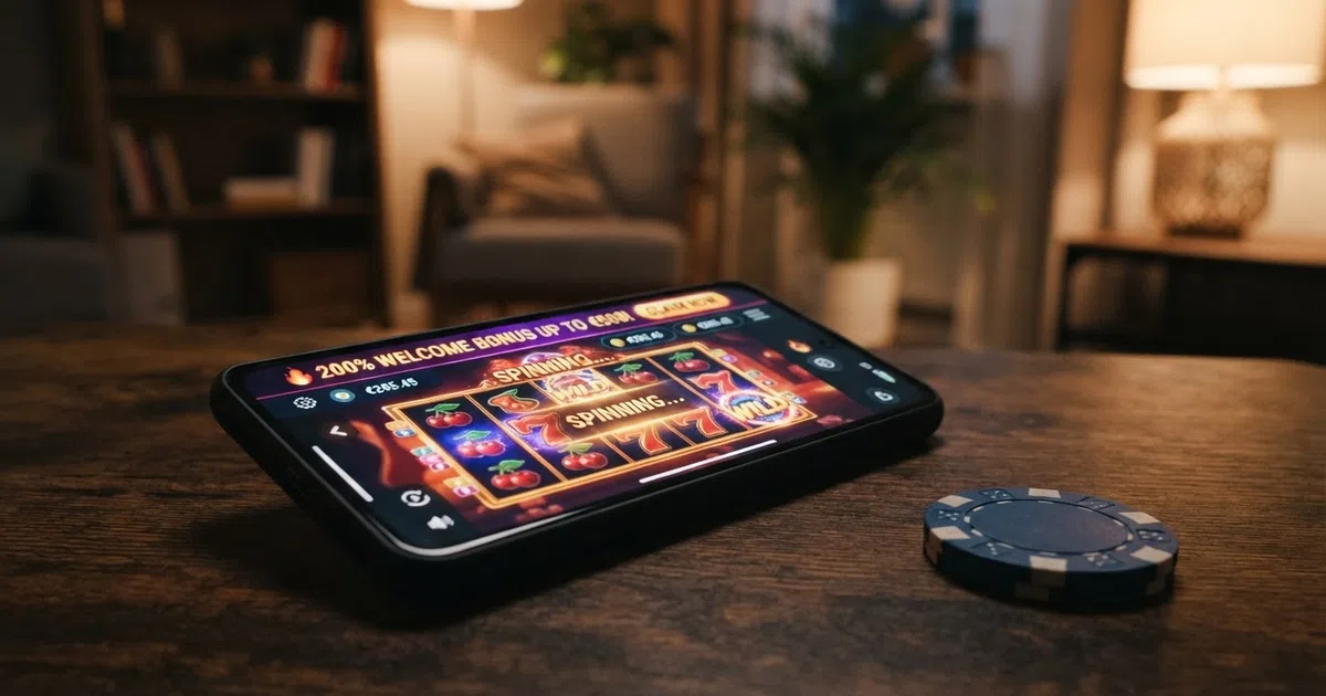 Een online casino-interface met een uitgelichte 200% welkomstbonus op het scherm, met het bonusbedrag en de storting zichtbaar