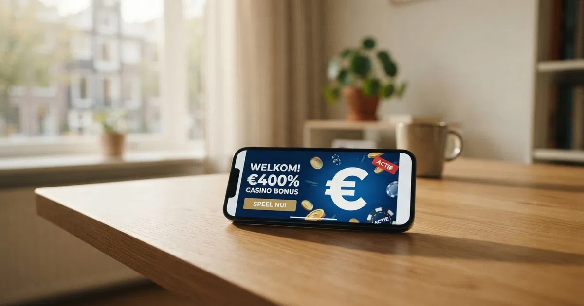 Een stortingsformulier van een online casino met daarop de keuze tussen een 100% welkomstbonus en een free-spinspakket, met de getallen 100% en 400% naast elkaar afgebeeld als contrast