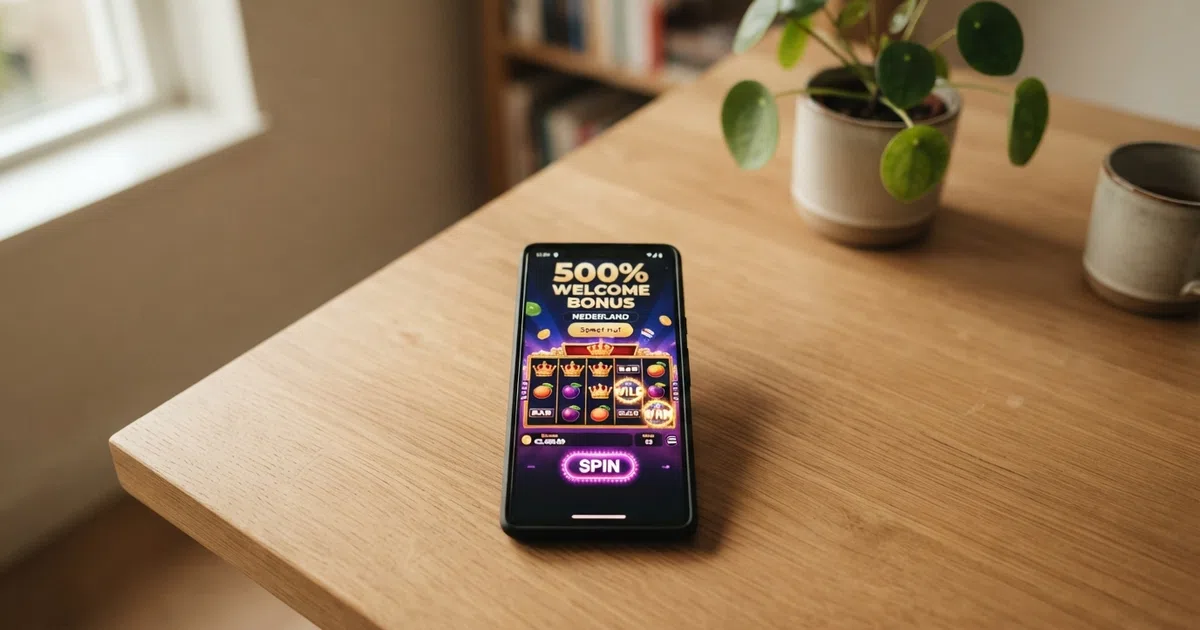 Een close-up van een Nederlands online casino-scherm met een uitgelichte welkomstbonus naast een rekenmachine, op een rustige bureaubackground.