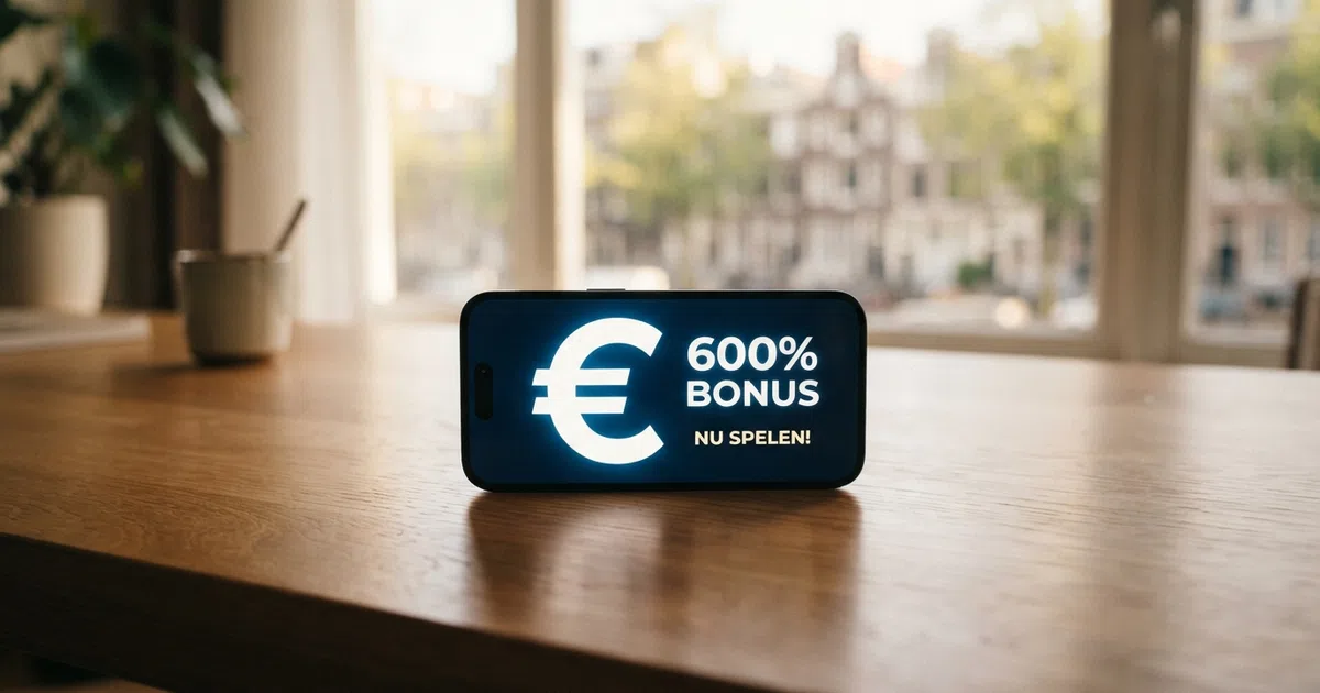 Een reclamebanner van een online casino met de tekst “600% welkomstbonus” en een waarschuwingssymbool dat aangeeft dat het om een aanbieder zonder Nederlandse vergunning gaat