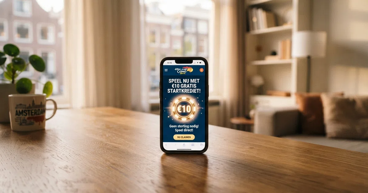 Een Nederlandse speler bekijkt de welkomstpagina van een online casino met een gratis-startgeld-aanbieding op zijn scherm.