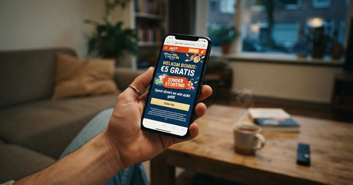 Een Nederlandse speler kijkt op zijn telefoon naar een welkomstbonus-pagina met een “geen storting vereist” badge naast het bonusbedrag