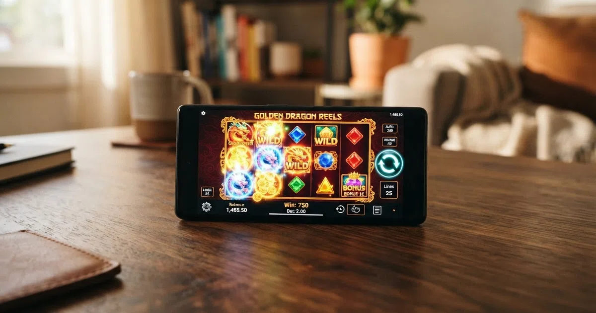 Een smartphone met een geopend online casinospel op het scherm — geen registratieformulier zichtbaar