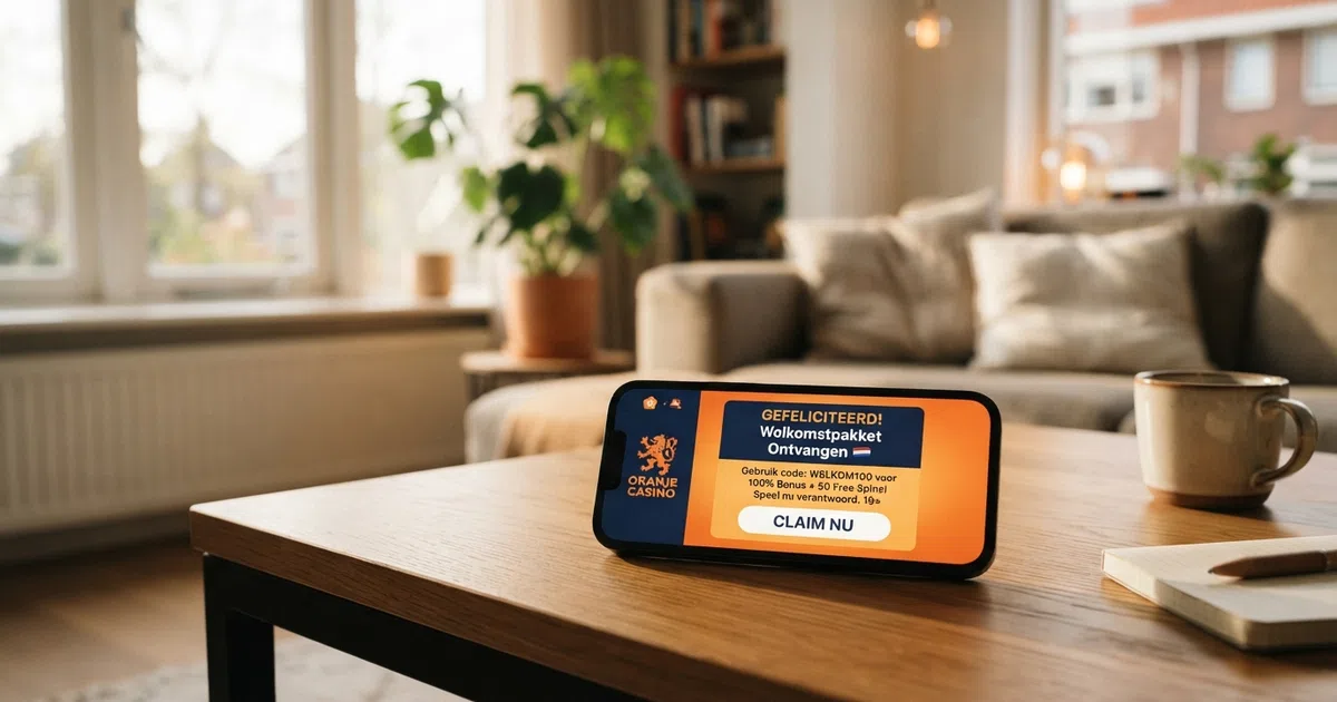 Een smartphone met een geopende Nederlandse casino-app en een melding over een geactiveerde bonus
