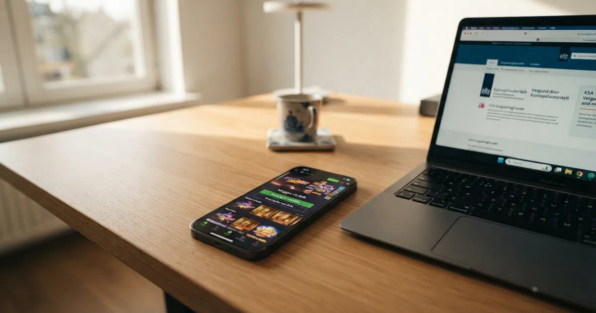 Een smartphone toont een online casino-startscherm met een Nederlandse bank-inlogknop (Trustly/iDEAL), naast een laptop met het Ksa-vergunningenlogo zichtbaar op het scherm.