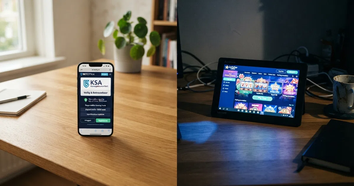 Een gesplitst scherm: links een helder verlichte smartphone met een KSA-keurmerk en limietinstellingen in beeld, rechts een donkere interface zonder herkenbaar keurmerk of Nederlandse tekst