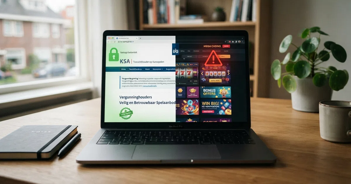 Een verdeeld computerscherm: links het logo van de Kansspelautoriteit op een overheidswebpagina met een groen slot-icoon, rechts een anonieme goksite met een rood waarschuwingsdriehoek