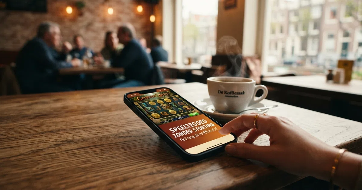 Een opengeklapte laptop met op het scherm een Nederlands online casino en de tekst “speeltegoed zonder storting” uitgelicht, met een kop koffie ernaast.