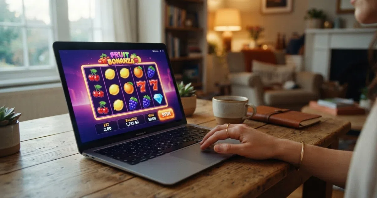 Een moderne online gokkast die direct in een webbrowser speelt op een laptopscherm, zonder Flash Player-plugin of downloadvenster.