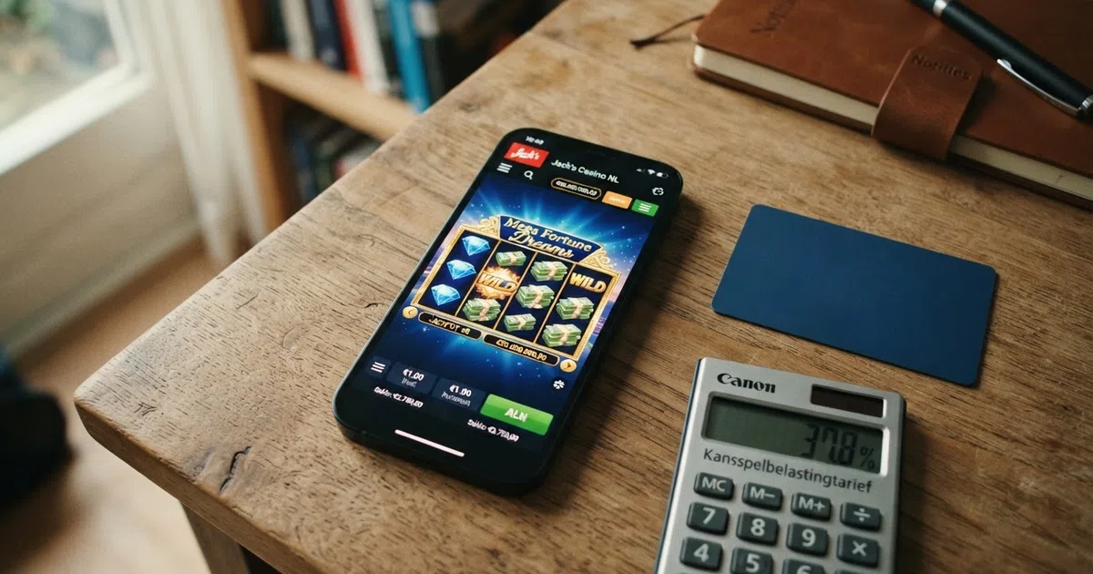 Een computerscherm met een Nederlands online casino en het Belastingdienst-logo ernaast, met een rekenmachine die het kansspelbelastingtarief van 37,8% weergeeft