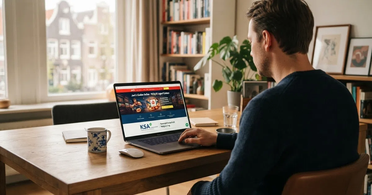 Een Nederlandse speler controleert op een laptop de homepage van een online casino met het KSA-keurmerk zichtbaar in de voettekst.
