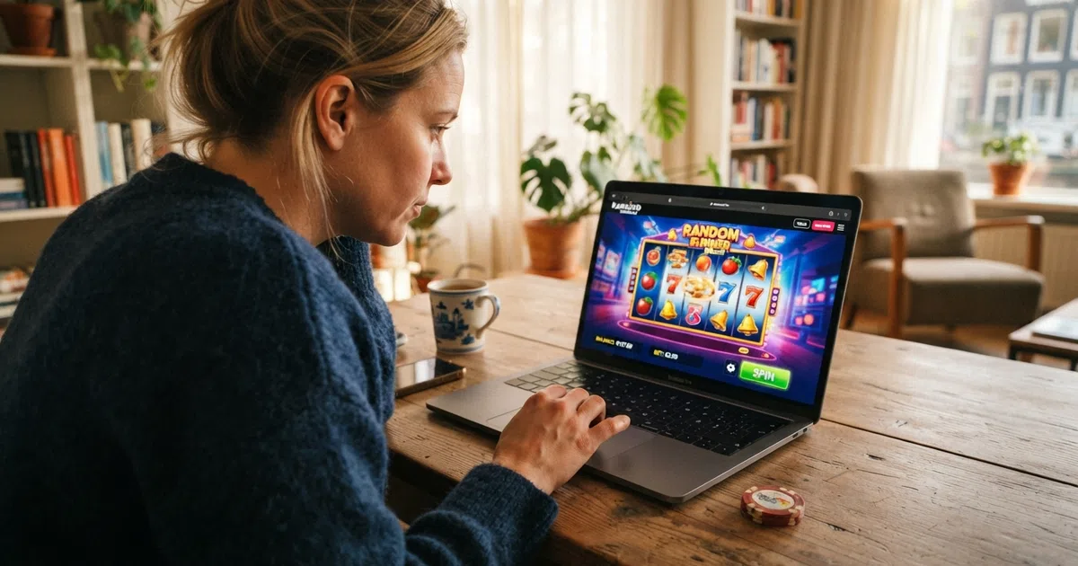 Een Nederlandse speler bekijkt op een laptop het bonusaanbod van een online casino, met een envelop-icoon dat 'gratis' aangeeft