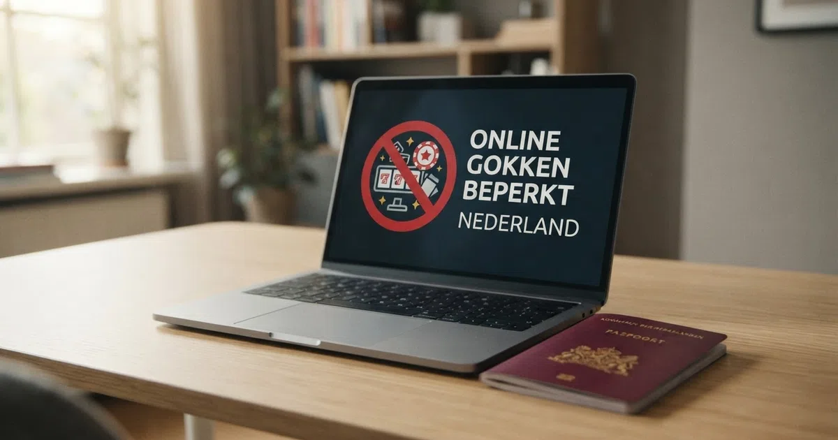 Een laptopscherm met een Nederlands casino-verbodsbord en het Ksa-logo, naast een geopend paspoort