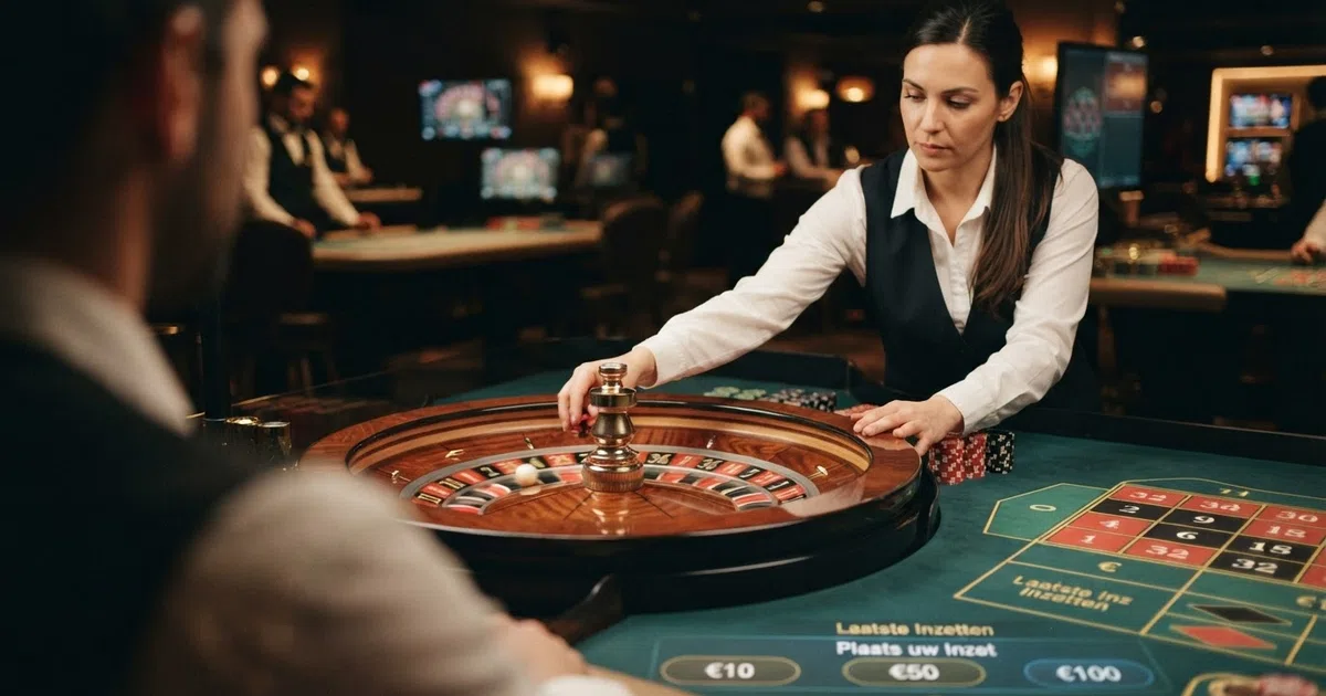 Een close-up van een live roulette-tafel met een echte croupier, zichtbaar draaiend wiel en een digitale inzetinterface op het scherm, gefilmd in een professionele casino-studio met gedempte verlichting