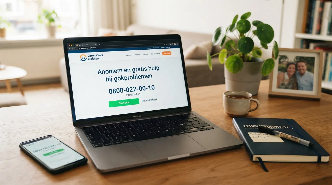 De homepage van Open Over Gokken met telefoonnummer 0800-022-00-10, chatknop en een link naar de zelftest duidelijk zichtbaar.