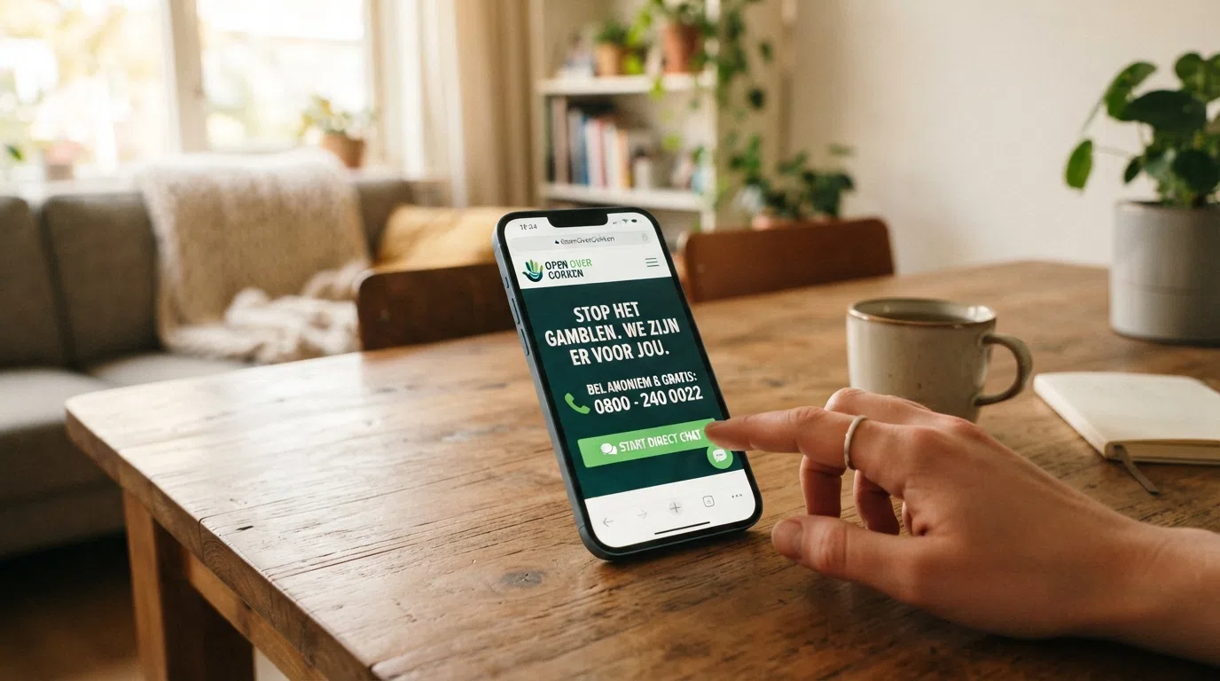 Een smartphone met de OpenOverGokken-website geopend, met een zichtbaar telefoonnummer en chat-knop