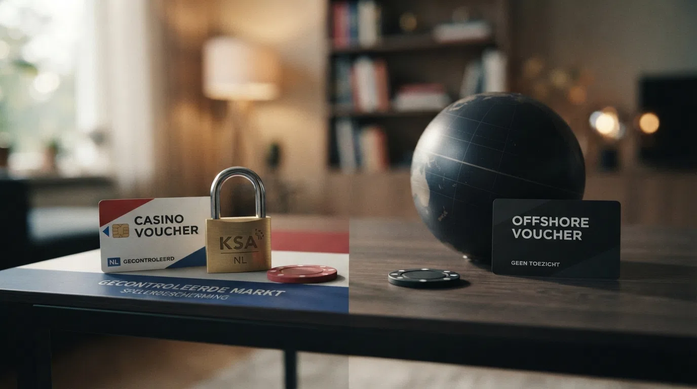 Een gesplitst scherm: links een Nederlandse vlag met het woord 'Cruks' en een slotje, rechts een wereldbol zonder slotje, met Paysafecard-logo's aan beide zijden
