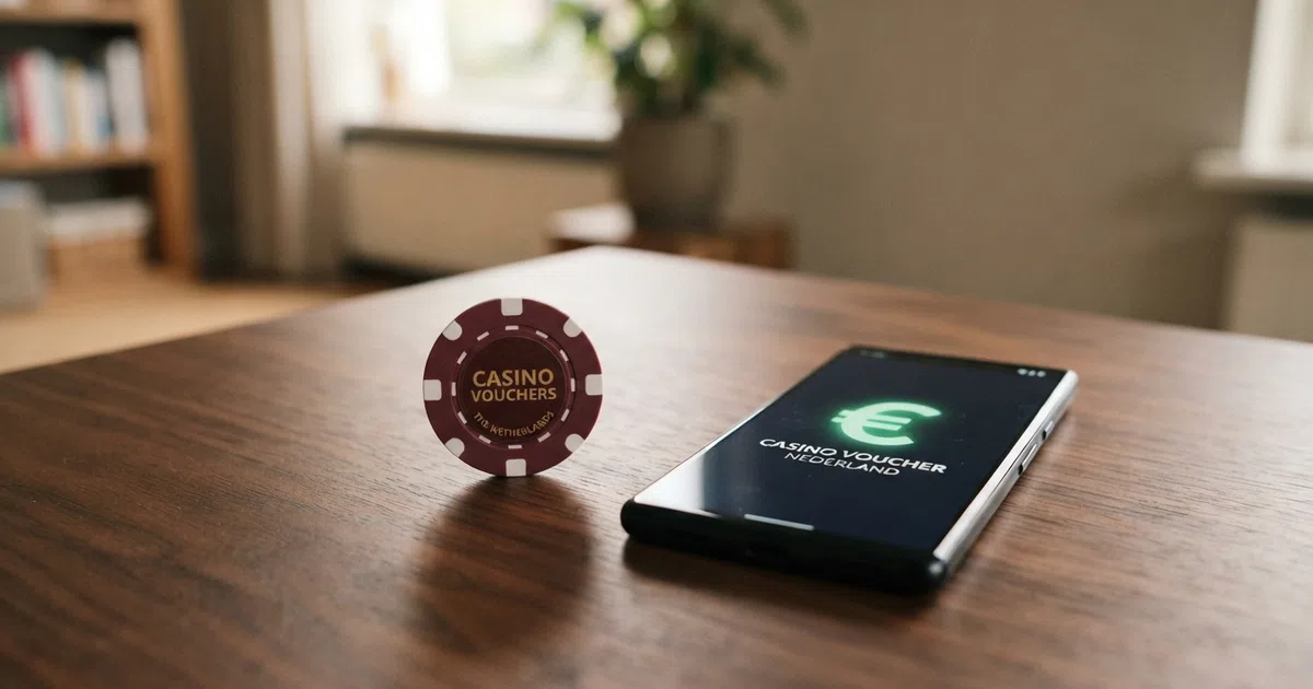 Een Paysafecard-voucher van €25 naast een smartphone met een casino-lobby op het scherm, tegen een neutrale achtergrond