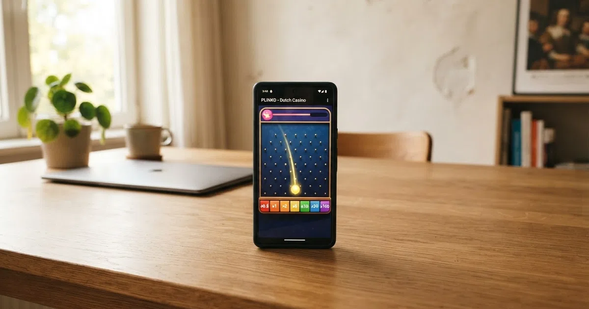 Een digitaal Plinko-bord in piramidevorm met pinnenrijen, een vallende bal en vermenigvuldigers onderaan de vakjes op het scherm van een laptop of smartphone