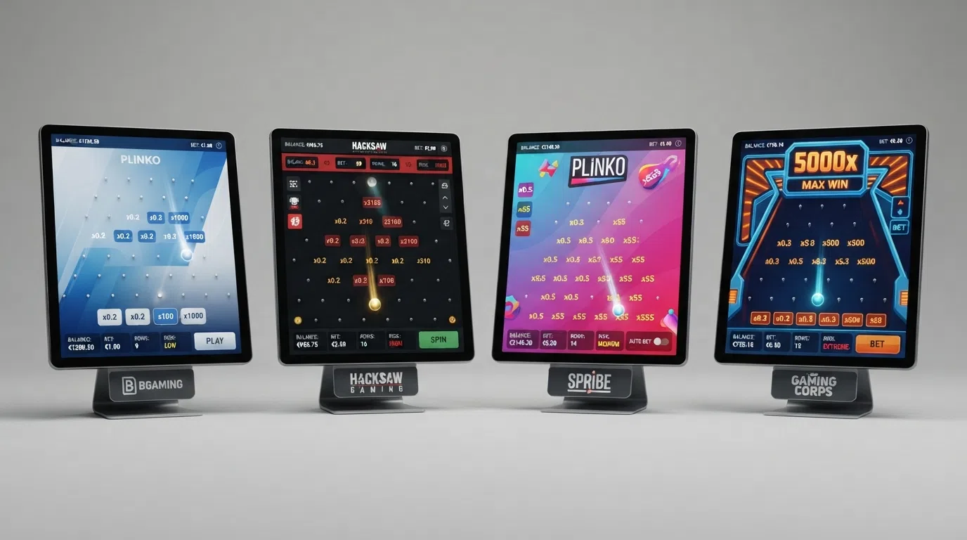Vier Plinko-spelschermen naast elkaar van BGaming, Hacksaw Gaming, Spribe en Gaming Corps met zichtbare verschillen in rijen, kleurenschema en multiplier-weergave