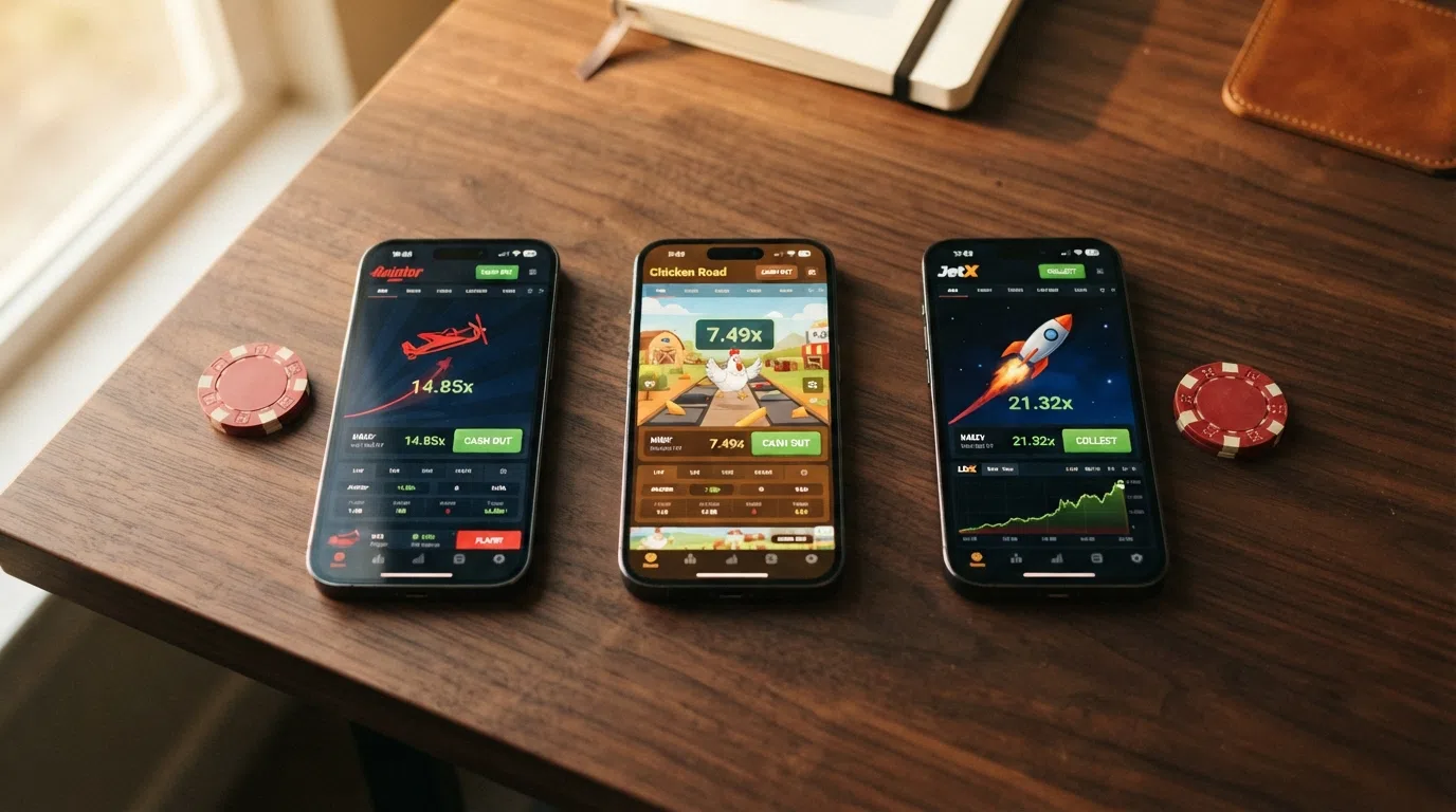 De spelinterfaces van Aviator, Chicken Road en JetX in een rij naast elkaar