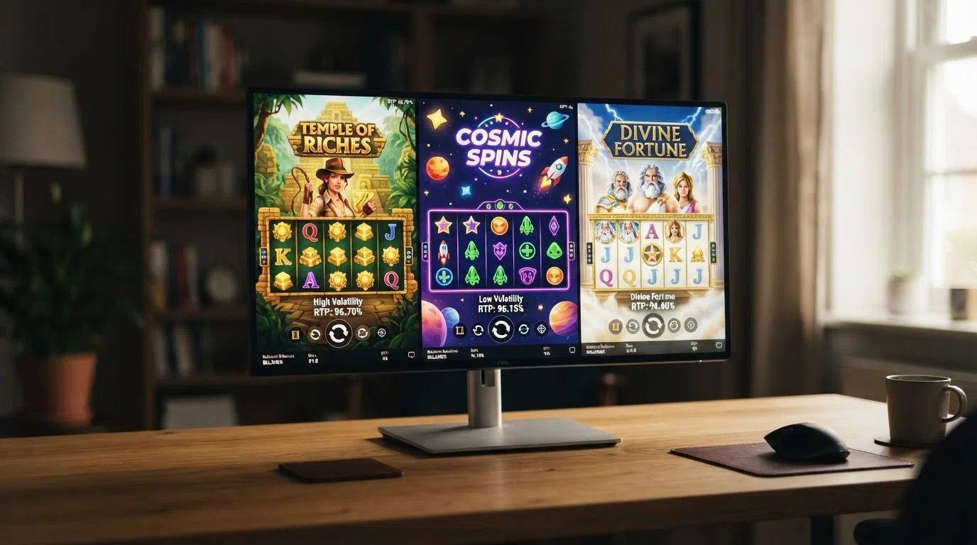 De drie slots Book of Dead, Starburst en Gates of Olympus naast elkaar op een scherm met hun RTP-percentages