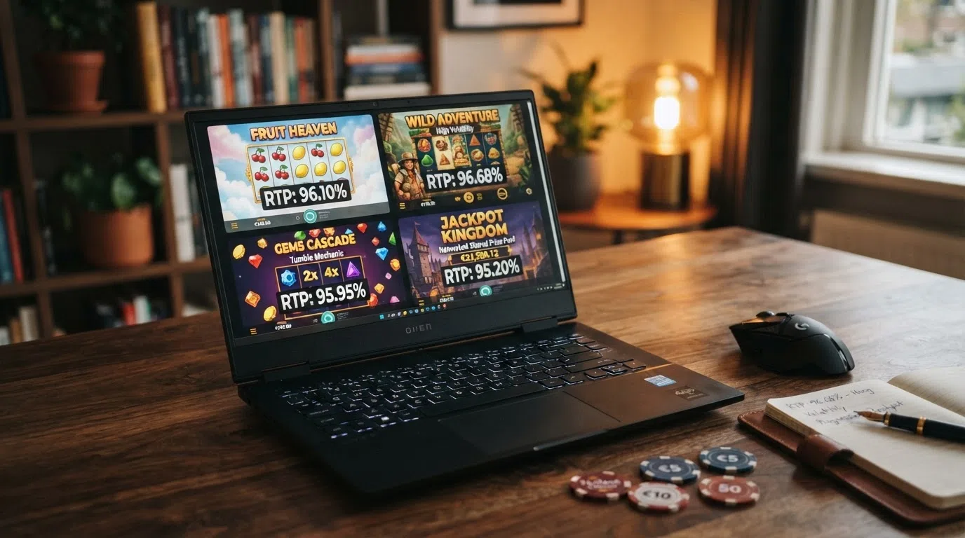 een grid van vier bekende slots (Starburst, Book of Dead, Sweet Bonanza, Gates of Olympus) met hun RTP-percentages in overlay