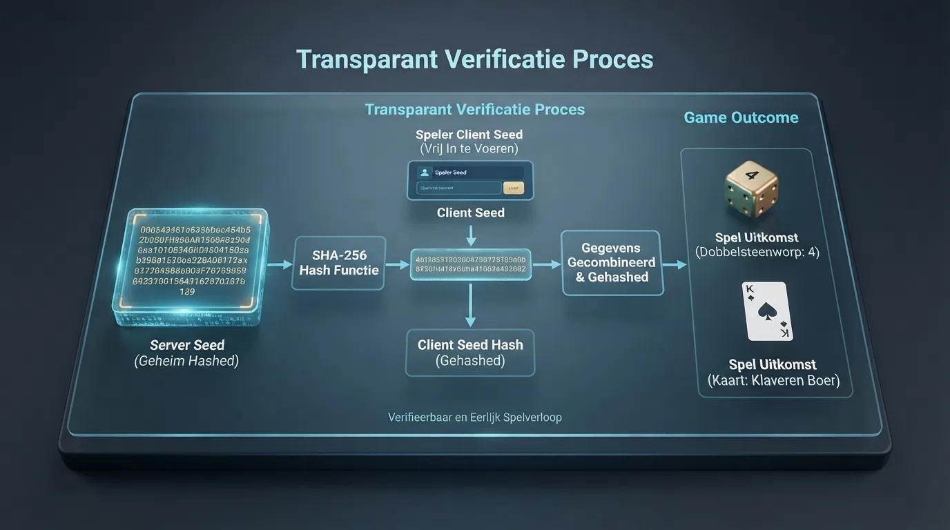 Schematische weergave van een provably-fair-verificatie: een server seed, client seed en hash-code naast een spelresultaat