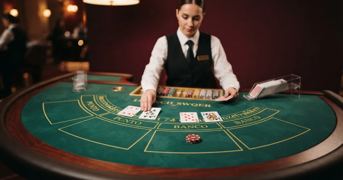 Een live baccarat-tafel met een croupier die kaarten deelt, de inzetvelden Punto, Banco en Egalité in beeld