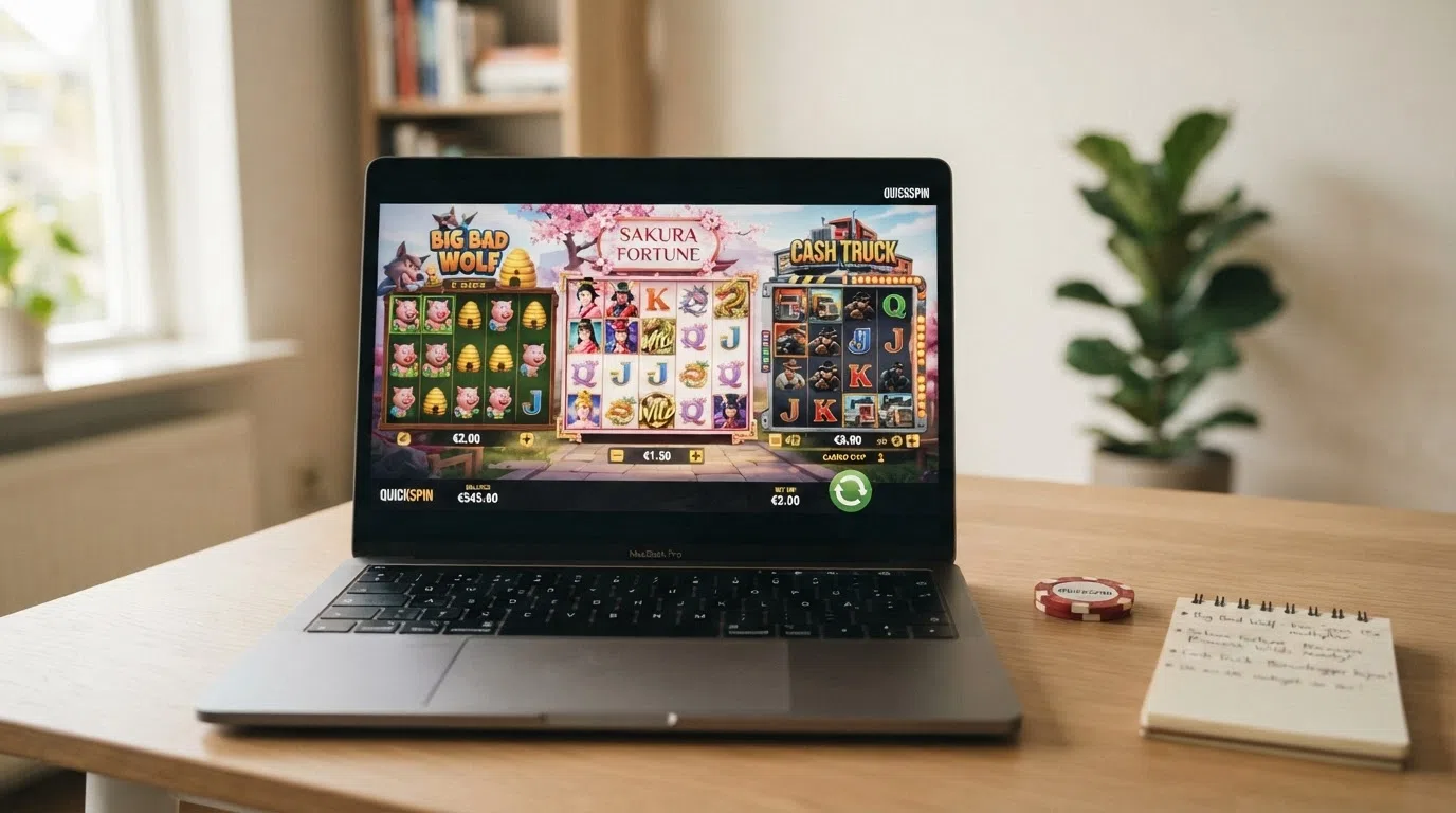 Een selectie van de populairste Quickspin-gokkasten, waaronder Big Bad Wolf, Sakura Fortune en Cash Truck, op een scherm met speelveld-zichtbaar