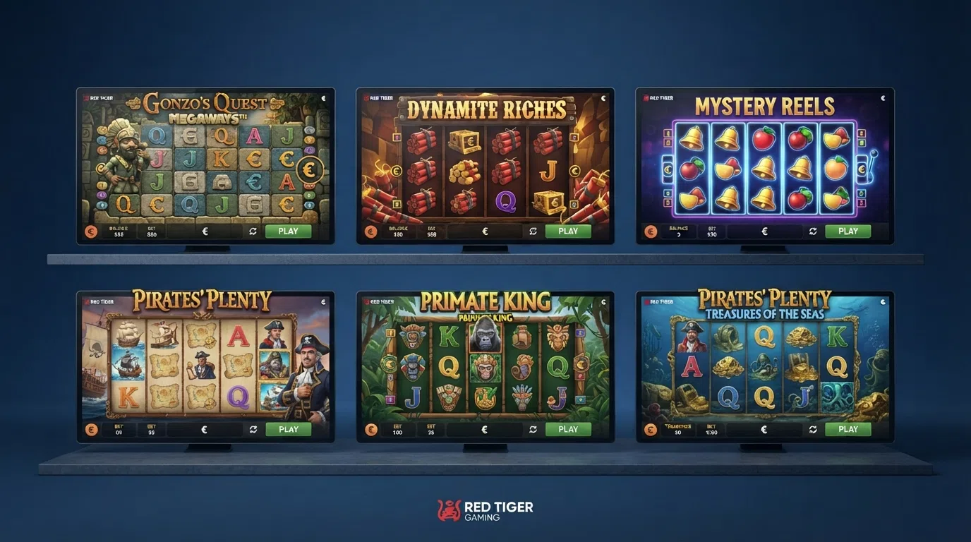 Een raster van zes Red Tiger-gokkastentegels: Gonzo's Quest Megaways, Dynamite Riches, Mystery Reels, Pirates' Plenty, Primate King en Pirates' Plenty Treasures of the Seas