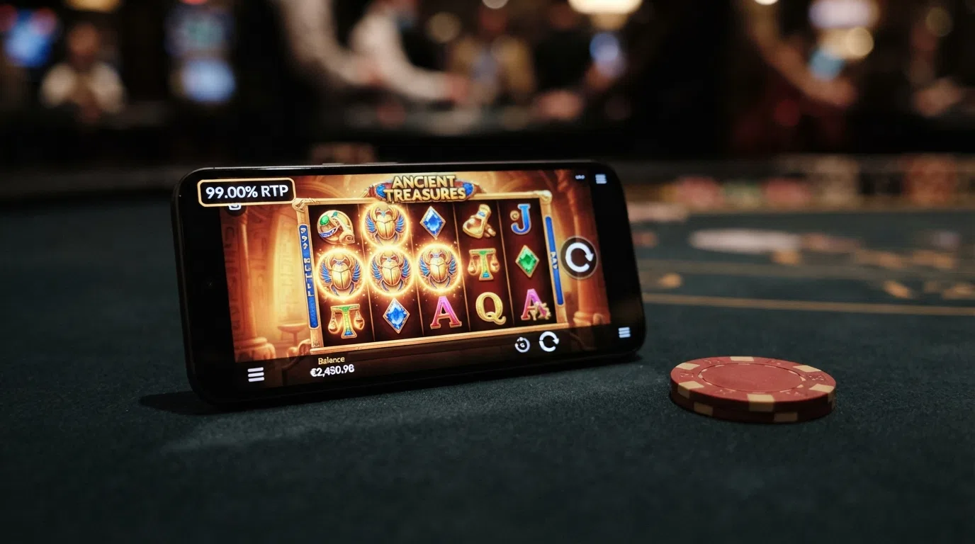 Het spelraster van Book of 99 met het 99,00% RTP-label in beeld, op een smartphone-scherm