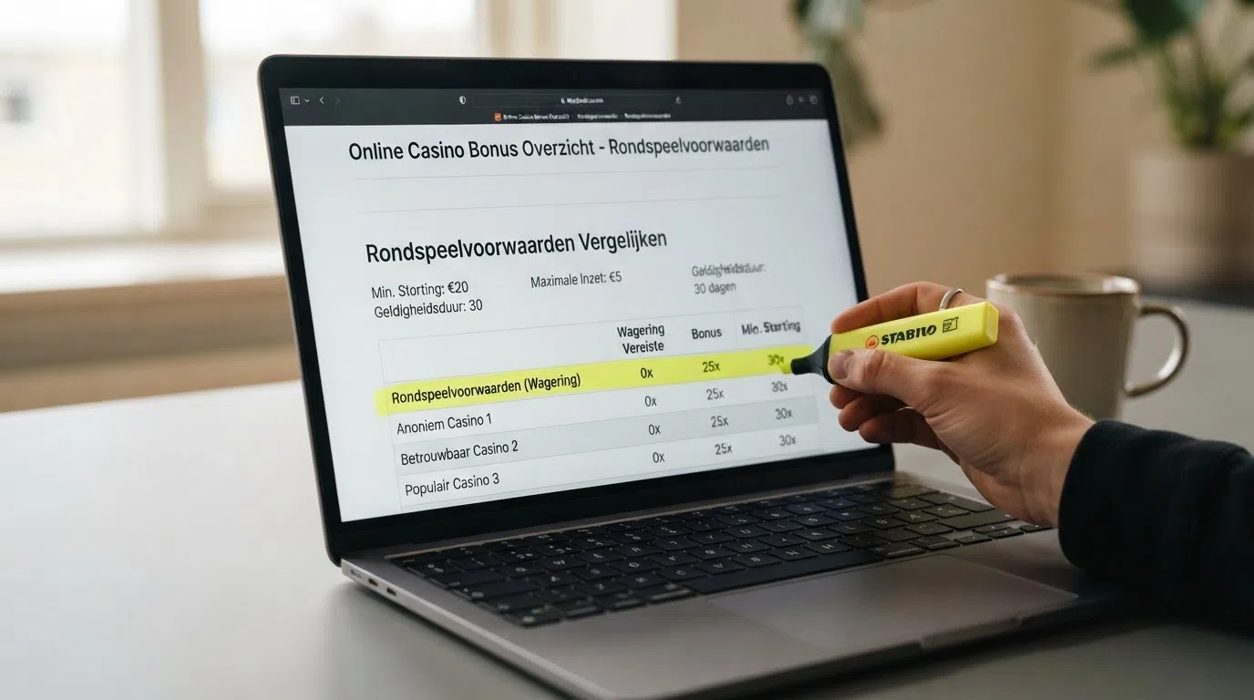 Een close-up van bonusvoorwaarden op een Nederlands casinoscherm, met een markeerstift die de rondspeelvoorwaarden aanwijst in de algemene voorwaarden.