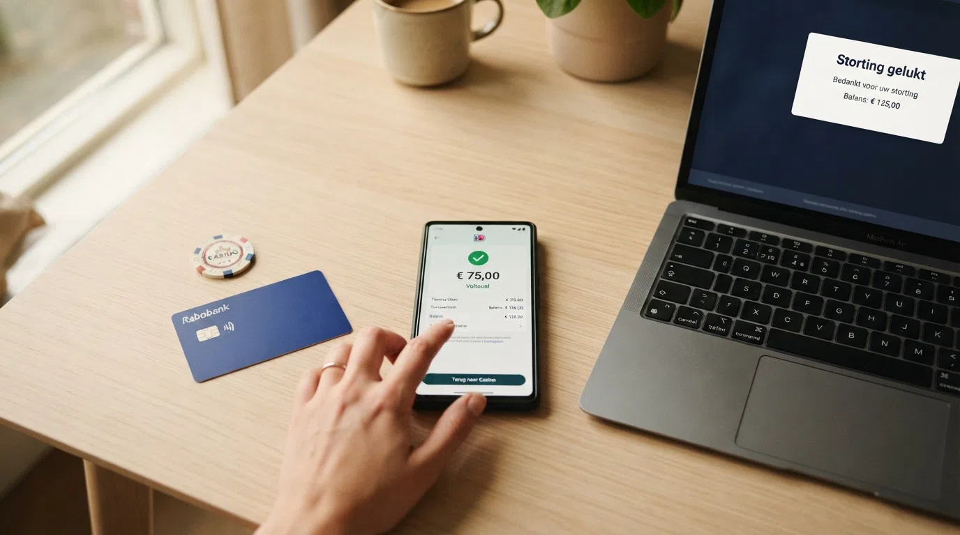 De Revolut-app toont een voltooide kaartbetaling naast het stortingsscherm van een online casino, met het bevestigde saldo zichtbaar in beide interfaces.
