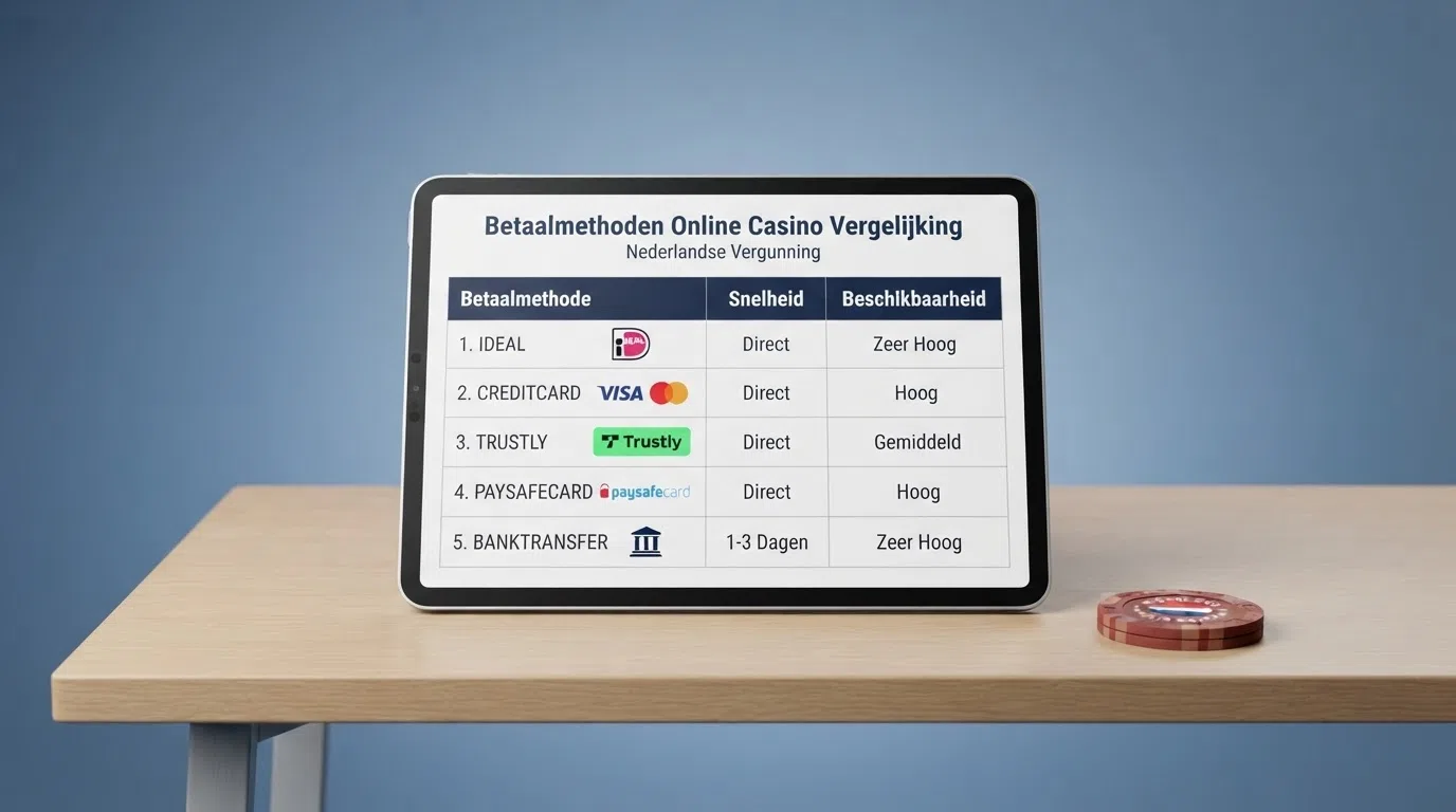 Een overzichtelijke vergelijkingstabel van Nederlandse online casino's met hun KSA-vergunningstatus, bonusaanbod en Revolut-beschikbaarheid op een scherm.