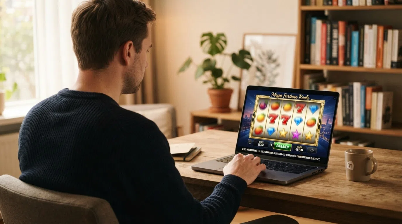 Een Nederlandse speler aan een laptop, met op de achtergrond logo's van CRUKS, Loket Kansspel en een slot met een waarschuwingssymbool